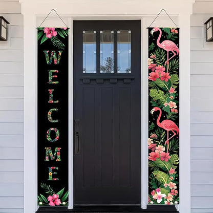 BlissYard 2pcs Black Pink Flamingo Door Banner Summer Hawaiian Porch Banners - Image 4