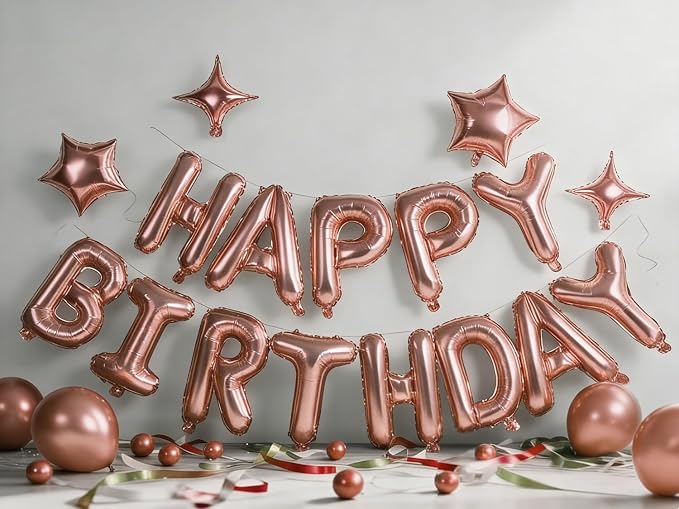 Rose Gold Happy Birthday Balloons Banner Sign Mylar letter Party Decoration | - Image 2