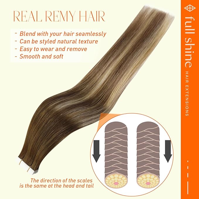 Full Shine Invisible Tape in Hair Extensions Human Hair Color 4 Brown Ombre 27 Blonde and 8 Brown Highligt 60 Hair Extensions Tape in 22 Inch Balayage Tape in Extensions Remy Hair 20 Pcs 50G Soft