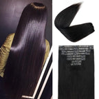 Injected Clip in Hair Extensions Real Human Hair Invisible Hand-Tied Weft Hair Extensions Clip in Human Hair Straight Seamless Clip ins for Women 8Pcs 120g 22inch #1B Natural Black