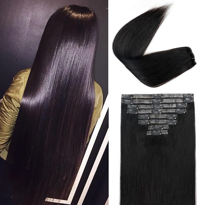 Injected Clip in Hair Extensions Real Human Hair Invisible Hand-Tied Weft Hair Extensions Clip in Human Hair Straight Seamless Clip ins for Women 8Pcs 120g 22inch #1B Natural Black