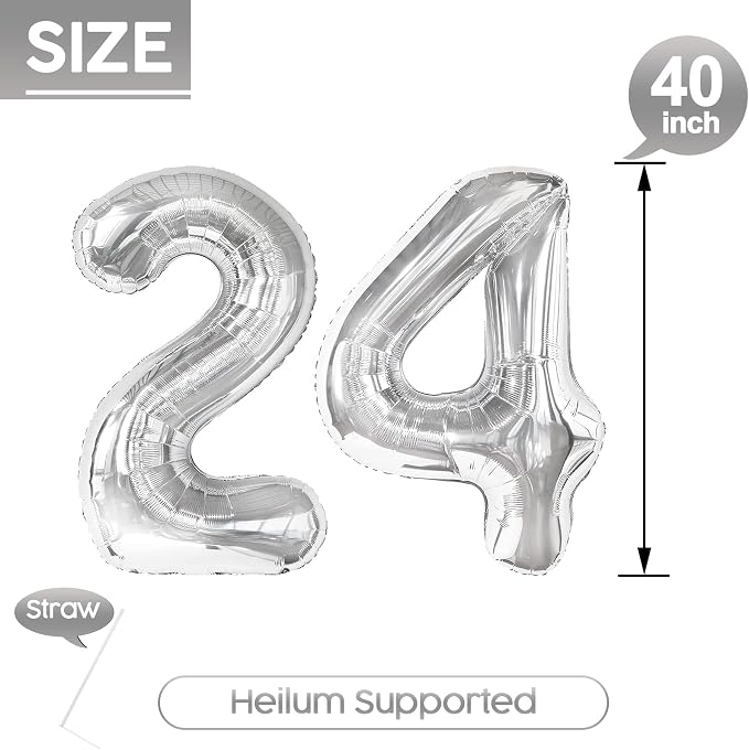 24 Balloon - Silver Birthday Number Balloons, 40 Inch Decorations Men Women | - Image 5