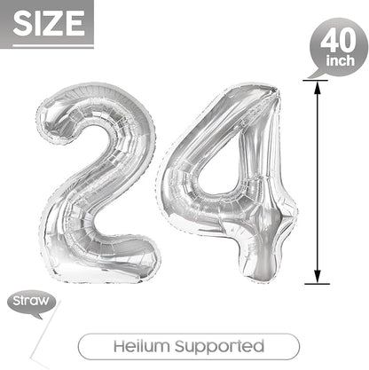 24 Balloon - Silver Birthday Number Balloons, 40 Inch Decorations Men Women | - Image 5