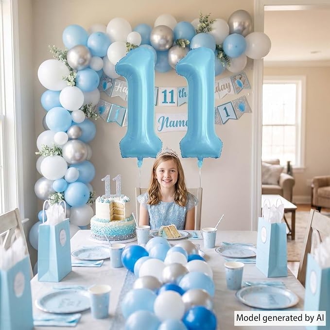 Pearlescent Blue Number 11 Balloon 40 Inch, Large Light Blue Foil 11th Birthday - Image 2