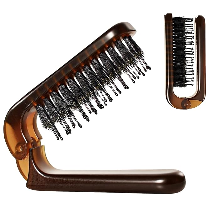 Folding Travel Hair Brush - Mini Boar Bristle Hairbrush Women, Men & Kids, Portable Pocket Purse Brush for Thick Thin Wet Dry Hair Restore Shine,Amber
