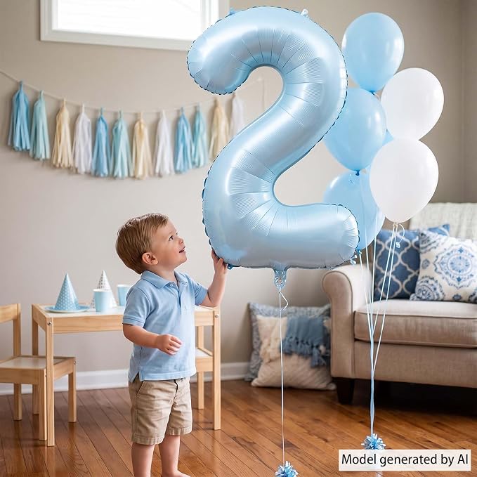 Baby Blue Number 2 Balloon 40 Inch, Muted Pastel Digit Theme Party Supplies | - Image 2