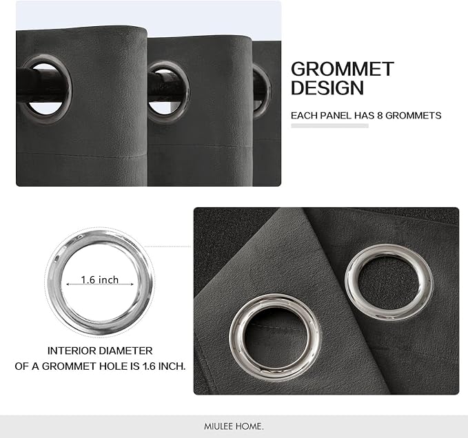 MIULEE Velvet Curtains Charcoal Grey 52 x 90 Inch Length Set of 2 | Grommet - Image 3