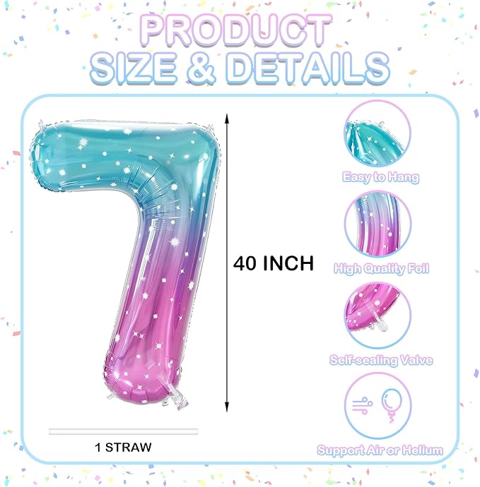 Number 7 Foil Balloon with Crown, 40-Inch Gradient | Gradient star print number - Image 2