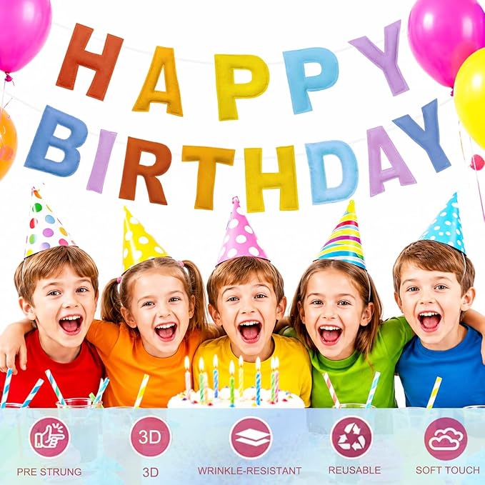 Felt Happy Birthday Banner, Pre-Strung 3D Birthday Rainbow Garland | Reusable - Image 4