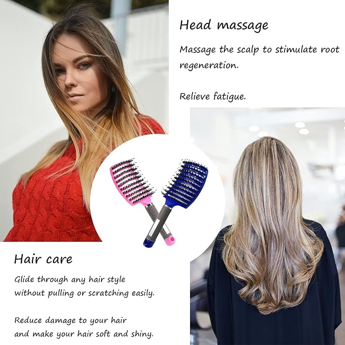 2 Pack Boar Bristle Hair Brush - No Pull Curved Vented Detangler for Fast Blow Drying - For Kids, Men, Women With Wet Dry Long, Thin, Thick, Curly Tangled Hair (Pink+Blue)