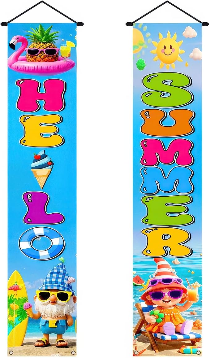 BlissYard 2pcs Welcome Summer Door Banner Hawaiian Gnome Porch Banners Sign by BlissYard