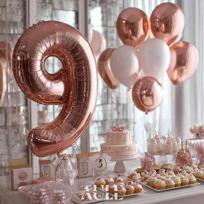 AULE 40 Inch Rose Gold 9 Balloon Number Foil 0-9 Birthday Big Numbers | - Image 4