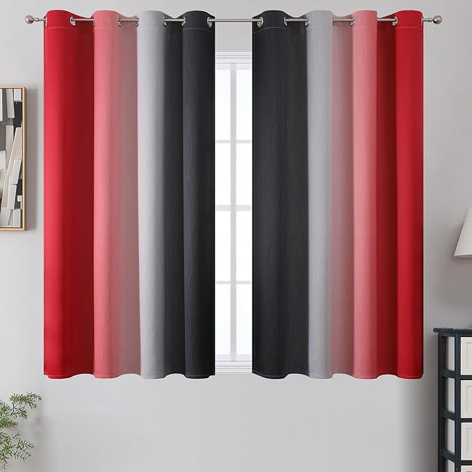 Ombre Red and Black Curtains 54 Inch Length 2 Panels, 100% Blackout Curtains - Image 2