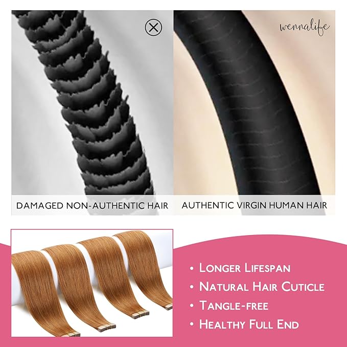 WENNALIFE Tape in Hair Extensions Human Hair Auburn Ginger Tape in Extensions, 10pcs 20g 12 inch Remy Invisible Tape Ins Straight Colored Soft Real Human Hair Tape in Extensions Refill Set Extensions