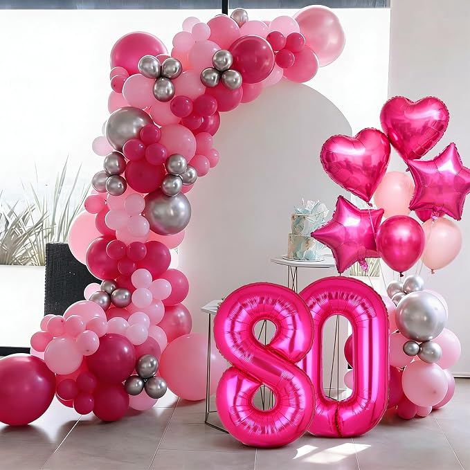 40 Inch Number Balloon Hot Pink 80 Set Pink Theme 80th Birthday Decor 10Pcs | - Image 3