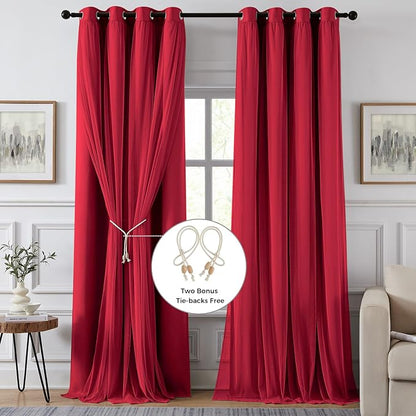 100% Blackout Curtains for Bedroom, Double Layer Red Curtains, Room Darkening - Image 2
