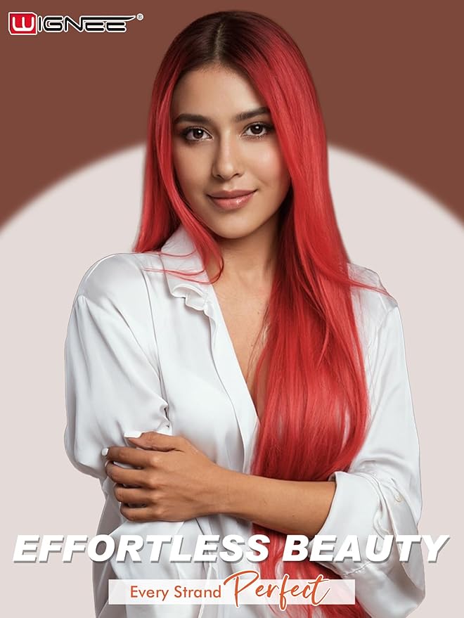 WIGNEE 13x6 Synthetic Lace Front Wig 28" Long Straight Wig Red Kanekalon Futura Synthetic Wigs for Black Women Pre-Plucked Glueless Wig for Daily Party Use