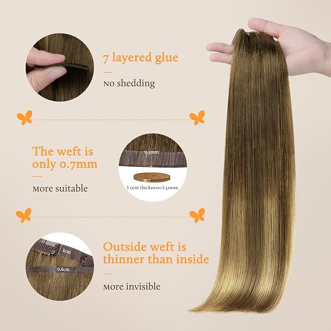 DOORES Human Hair Clip in Extensions, Medium Brown Highlighted Dirty Blonde 22 Inch 150g 7pcs, Seamless Clip in Hair Extensions Remy Straight Thick Hair Thin Weft Invisi Edge Hair Extensions