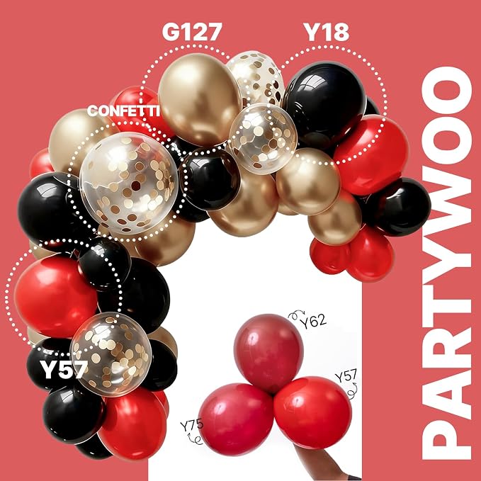 PartyWoo Red Black and Gold Balloon Arch Kit 142pcs Black Red Gold Balloons | - Image 3