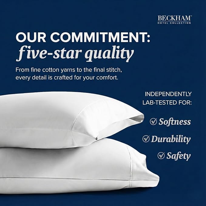 Beckham Hotel Collection 100% Cotton Pillow Cases King Size Set of 2, 500TC, Luxury Sateen Pillowcases, Open End, Breathable, Moisture-Wicking, White