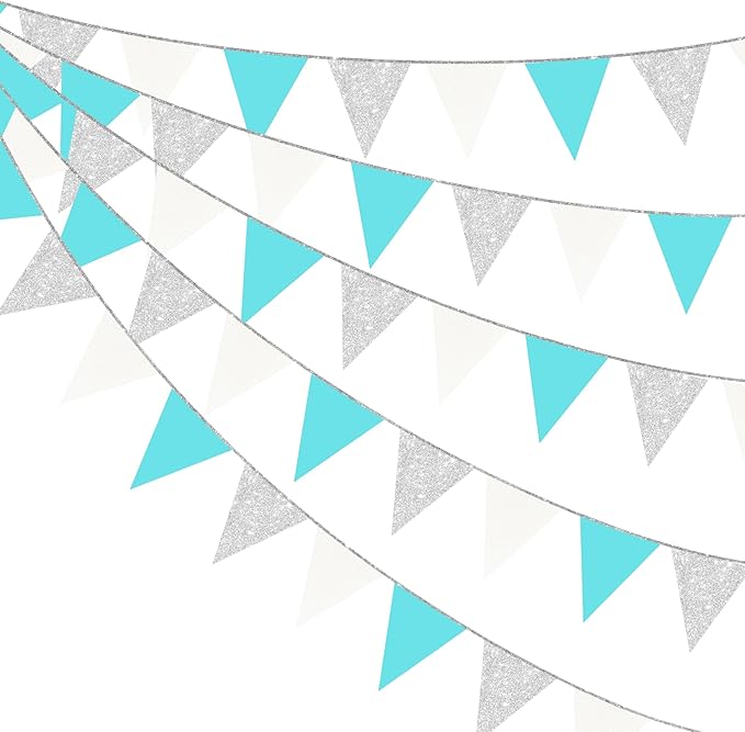Teal Blue and Silver White Pennant Banner Flag Hanging Glitter Paper Triangle by pinkblume
