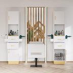Salon Station for Hair Stylist - Barber Beauty Spa Equipment With 2 Drawers, 2 Storage Cabinets, 6 Hair Dryer Holders for Styling - White Gold