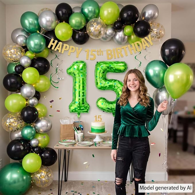 40 Inch Lime Green Pixel Number 15 Balloon, 15th Gamer Boy Party Decor | Huge - Image 6