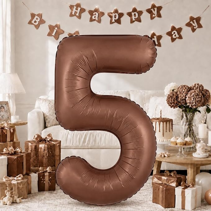 Dark Brown Number Balloon 5, 40 Inch Large Self Inflating 5 Foil Number by KAINSY