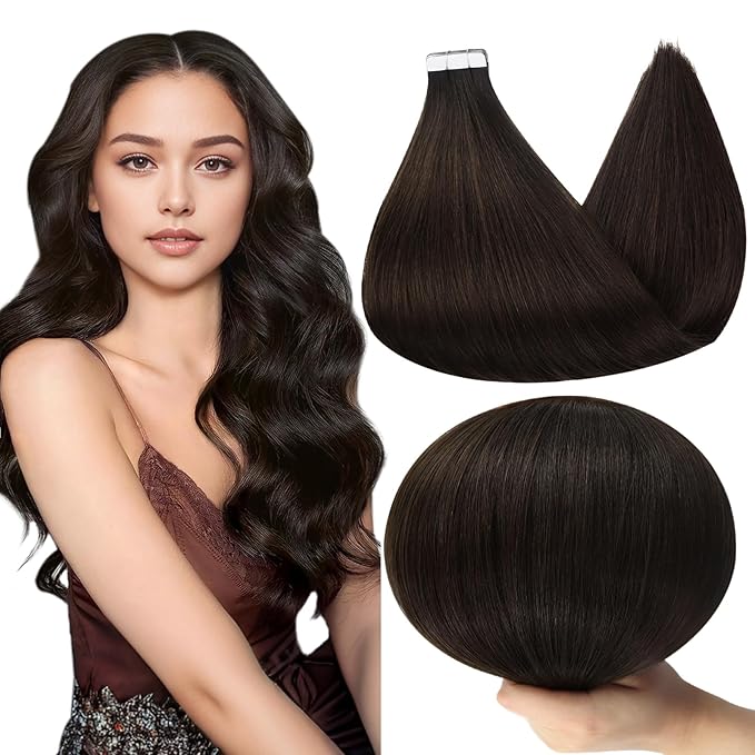 Full Shine Tape in Hair Extensions Human Hair 14Inch Color 2 Darkest Brown Tape in Extensions Natural Straight Double Sided Hair Tape Soft Remy 40 Pcs 100G for Daily Wear Wedding Seamless Invisible