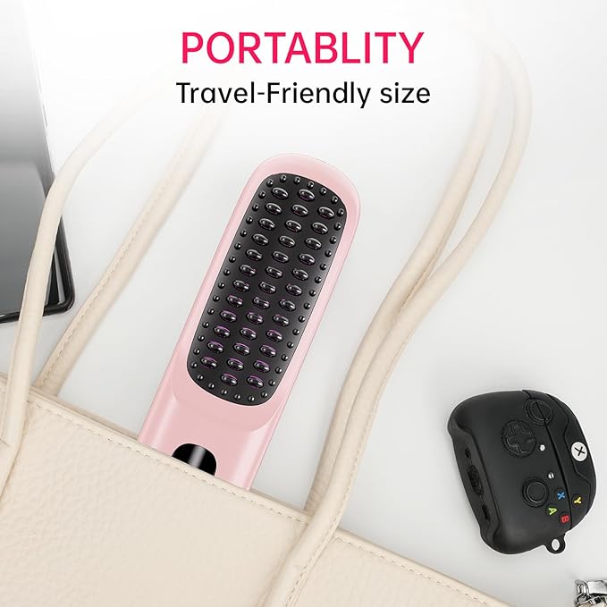 Cordless Hair Straightener Brush for Travel, 200 Million Negative Ionic Portable Hair Straightener Comb for Women with LED Display & 3 Temps, 30s Fast Heating USB Charging Smooth Frizz(Pink