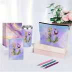 Personalized Gifts Monogrammed Birthday Gifts for Women, Cowerker Mom Boss Day Christmas Initial 20 oz Tumbler, Makeup Bag Cup Ballpoint Pens Journal Notebook 6 Set, (Aesthetic Purple Flower B)
