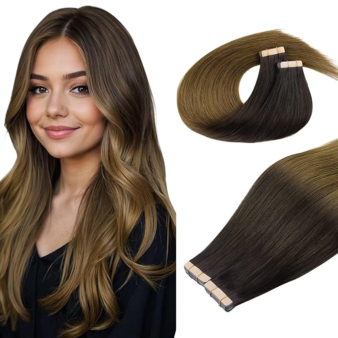 DOORES Tape in Hair Extensions Human Hair, Chocolate Dip Color Melt 12 Inch 80g 40pcs, Straight, Brown