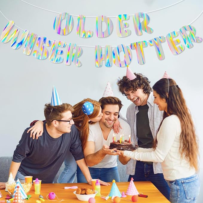 Iridescent Older Wiser Hotter Banner, Pre-Strung Funny Birthday Decorations - Image 6