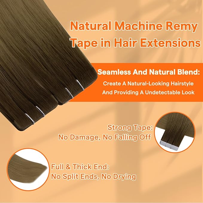 Full Shine Virgin Tape in Hair Extensions Human Hair Ombre Color R3 Dark Brown to 8 Light Brown Hair Extensions Invisible Machine Remy Double Sided Tape in Extensions 10Gram 5Pcs 14Inch for Half Updo