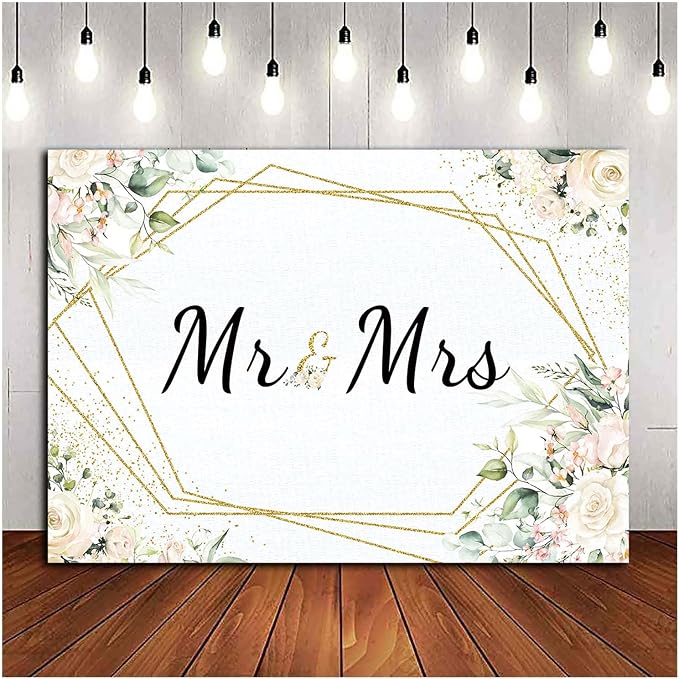 Mr & Mrs White Floral Bridal Shower Backdrop Mr Mrs Wedding Theme Photo - Image 6