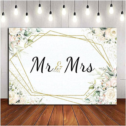 Mr & Mrs White Floral Bridal Shower Backdrop Mr Mrs Wedding Theme Photo - Image 6