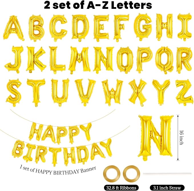 65 Pcs Gold Happy Birthday Balloons, 2 Sets A-Z Gold Letters Foil Balloons - Image 2