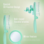Mini Detangler Travel Hair Brush with Mirror, Makaron Hair Brushes for Women, Men and Kids, Unique 3D Flexible Design for All Hair Types, Styling Accessory, Travel Essentials for Women (MINT)