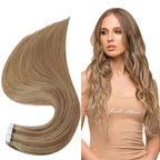 Full Shine Tape in Hair Extensions Human Hair Gold Brown Highlighted Hair Extensions Tape in Color Brown Balayage 20Inch Double Sided Tape in Hair Extensions 20Pcs 50Grams for Women