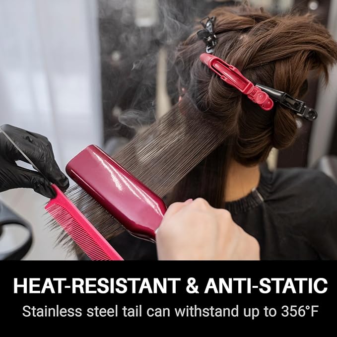 RHOS Carbon Retractable Rat Tail Comb for Parting and Styling, Hair Cutting and Braiding - Stainless Steel Pin Tail Comb, Black