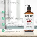 PURA D'OR 16.9 oz Organic Castor Oil (GLASS BOTTLE) Pure Cold-Pressed Hexane-Free USDA Certified – Lashes Brows Hair Scalp Skin – Botanical Moisturizer for Softness Strength Hydration Shine Radiance
