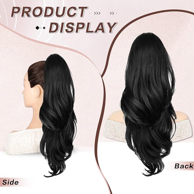 Ponytail Extension, Drawstring Ponytail Extension for Women Long Black Wavy Pony Tails Hair Extensions Synthetic Clip in Ponytail Hairpiece for Women (23 Inch)