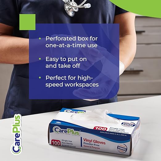CARE PLUS Vinyl Gloves Clear Medium Size 200 Count | Heavy Duty, Non-Sterile, Powder-Free, Latex-Free Rubber | Food Prep, Kitchen & Cleaning Gloves, Ideal for Professional Use