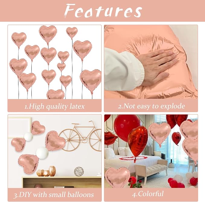 Rose Gold Foil Heart Balloons, Valentines Balloons 18inch Foil Balloons - Image 3