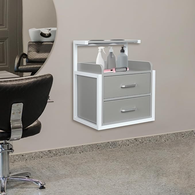 Suspended Salon Station for Hair Stylist, Wall Mounted Styling Salon Station Storage Cabinet w/2*Drawers &Hair Dryer Stand,Floating Nightstand Stylist Storage Cabinet for Home (Gray+ Silver)