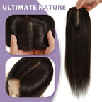 Hair Toppers for Women Real Human Hair, 3x5 Inch Injected Silk Base 12 Inch Length 130% Density No Bangs Hairpieces #1C Natural Black (Subtle Red Undertones in Sunlight)