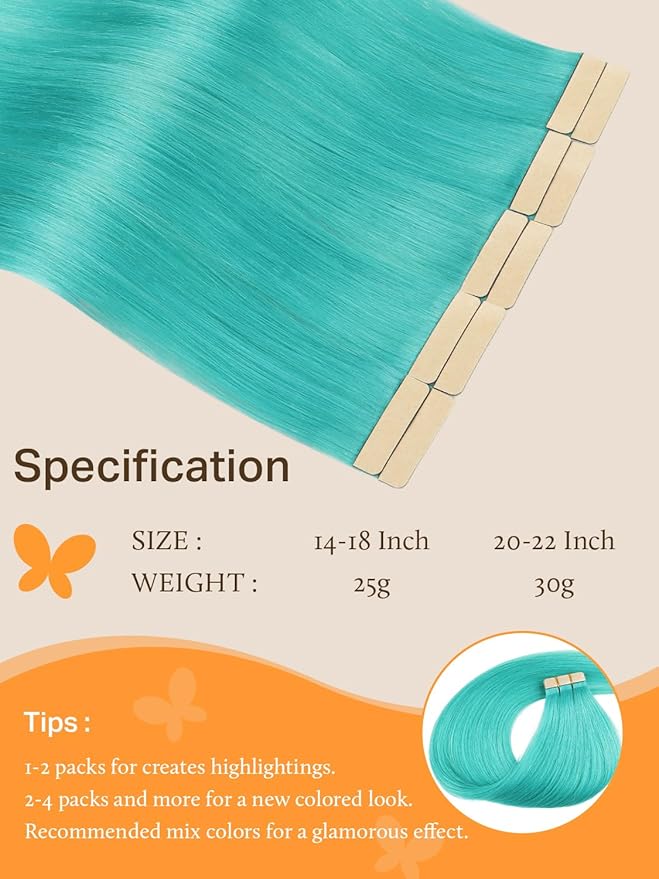 DOORES Human Hair Extensions, Teal Green Tape, Straight, 25g 10pcs 16 Inch