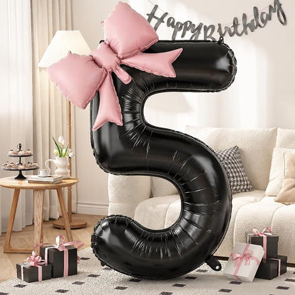 40 Inch Black Number 5 with Pink Bow Balloon, Giant Self Inflating Black Foil by KYGNE