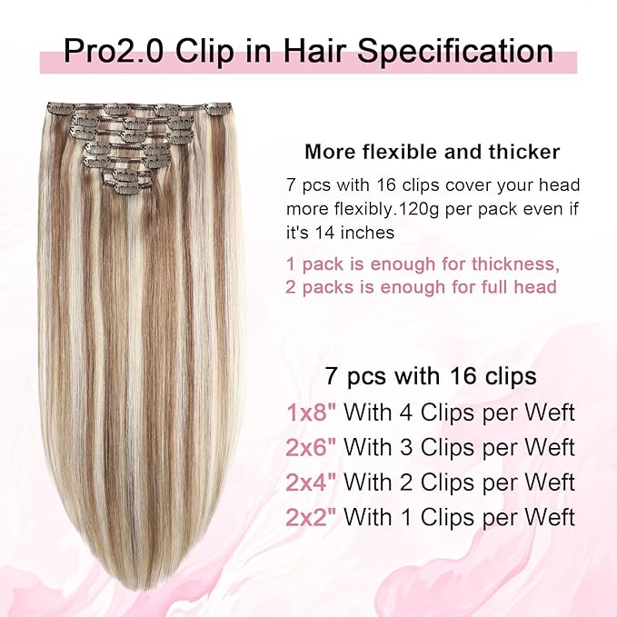 Pro2.0 Clip in Hair Extensions Real Human Hair 22inch 7pcs #8p60 Brown Highlights Platinum Blonde Real Hair Extensions Clip in Human Hair 120g Double Weft（#8p60-22inch）