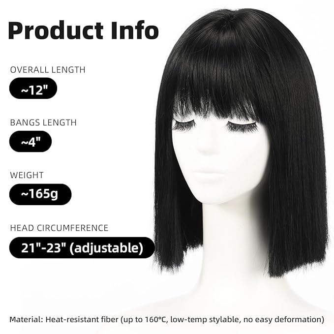 Allbell Black Wigs for Women Short Bob with Bangs Heat Resistant Synthetic Hair 12 inch for Daily Party Halloween Costume Use